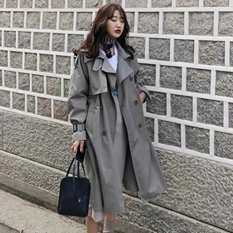 

2021 New Double Breasted Vintage Spring Autumn Outwear For Women Long Pure Cotton Trench Coat Windbreaker Large size