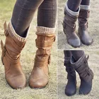 Осенне-зимние женские ботинки большого размера из шерсти в европейском и американском стиле ботинки средней длины с декоративными боковыми пряжками теплая женская обувь
