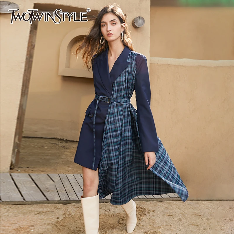 

Женское клетчатое платье TWOTWINSTYLE, лоскутное платье с длинным рукавом и поясом, Асимметричное мини-платье