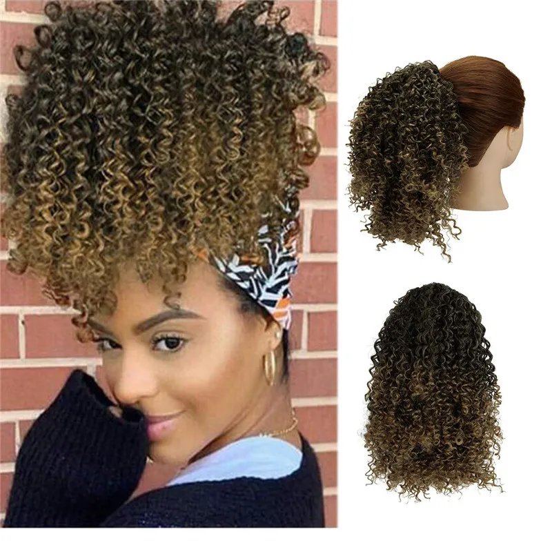 

Afro Kinky Curly Ponytail Hair Extension Drawstring Afro American Short Wrap Chignon Synthetic Puff Clip in Hairpiece
