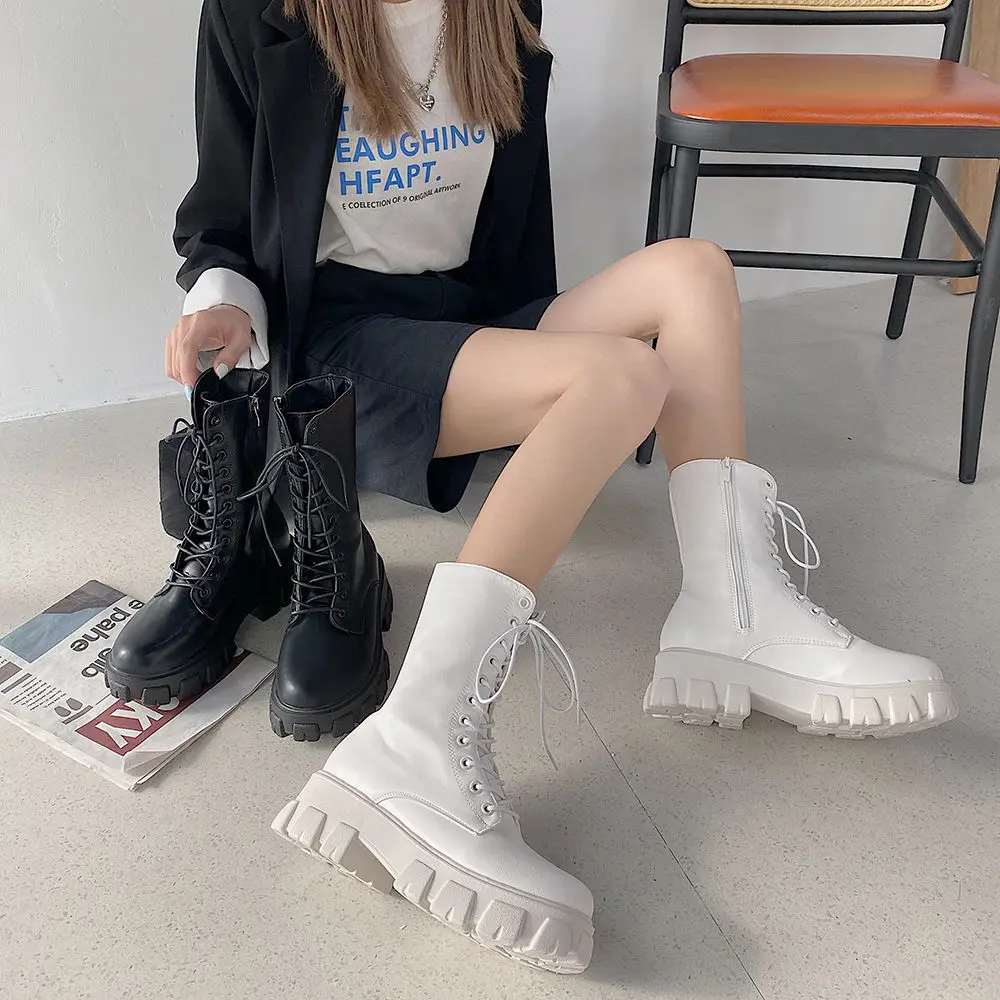 Women's Martens Boots Pu Leather White Ankle Boots Autumn  Winter Motorcycle Boots Fashion Female Chunky Heel Plarform Boots