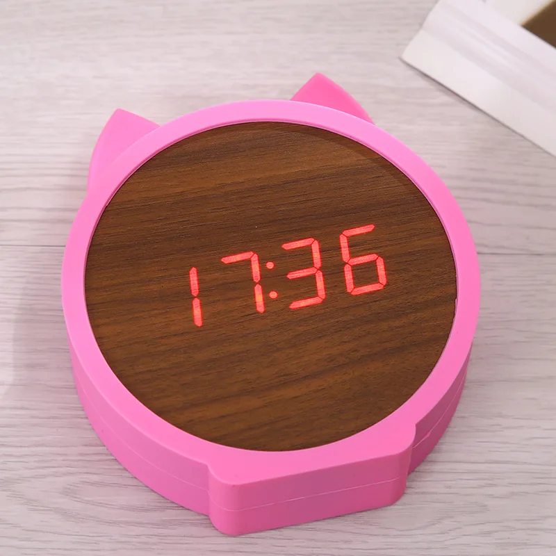 Светодиодный Деревянный Будильник детские часы милые силиконовые с котом