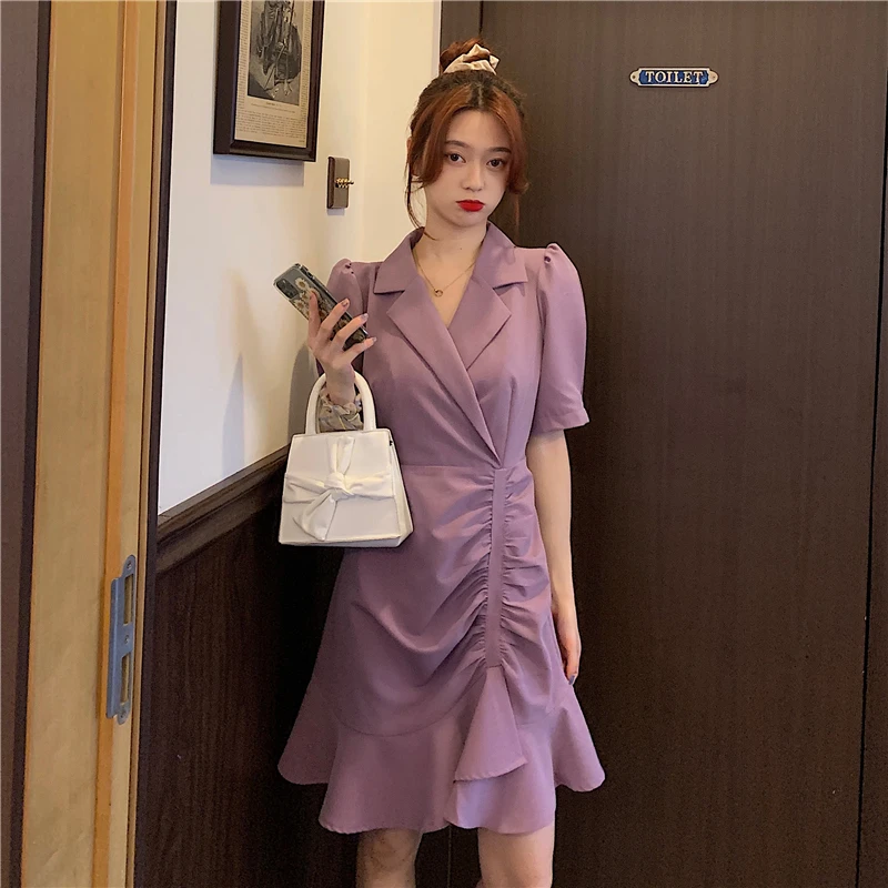 

Woman Dress Ruffles Purple Fashion Korean Clothes Female Summer Puff Sleeve Notched A-line Short Dresses Ladies Pink New