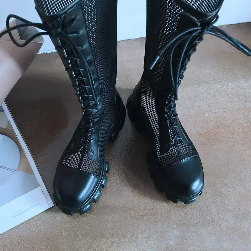 

Lenkisen 2020 new fashion shoes women genuine leather summer sunscreen round toe high heels European design knee-high boots L32