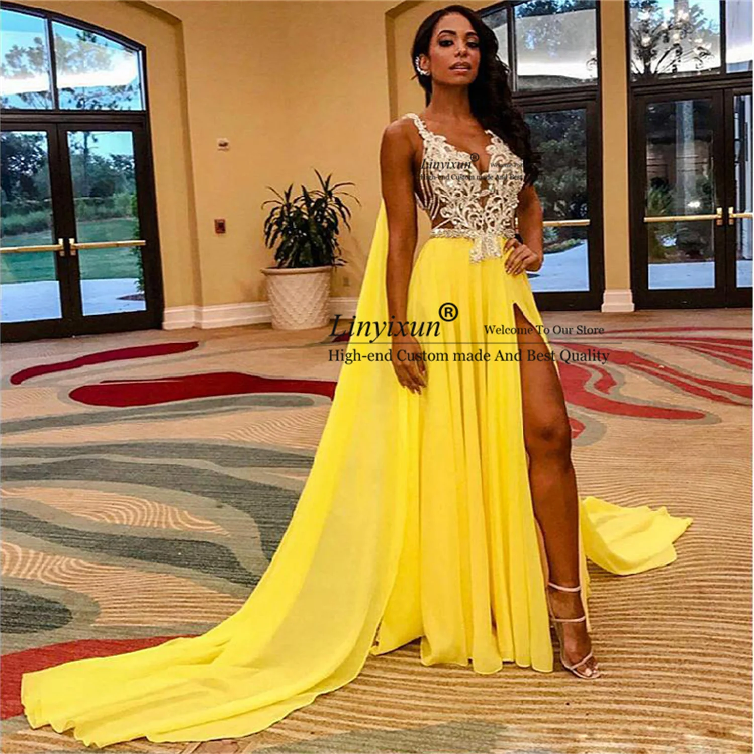 

Sexy Yellow High Side Split Prom Dresses Spaghetti Strap Appliques Chiffon Formal Evening Gowns Beaded Backless robes de soirée