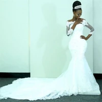 glamorous off the shoulder african plus size mermaid wedding dresses chapel train illusion lace long sleeves bridal gown