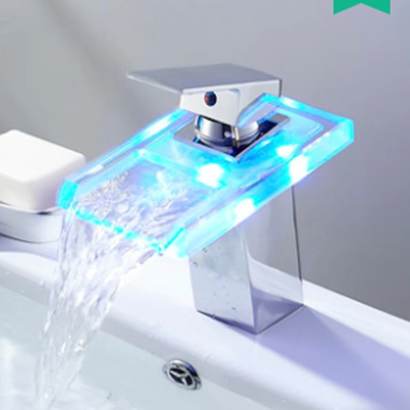 

LED Waterfall Kitchen Bathroom Basin Sink Taps Faucet Temperature