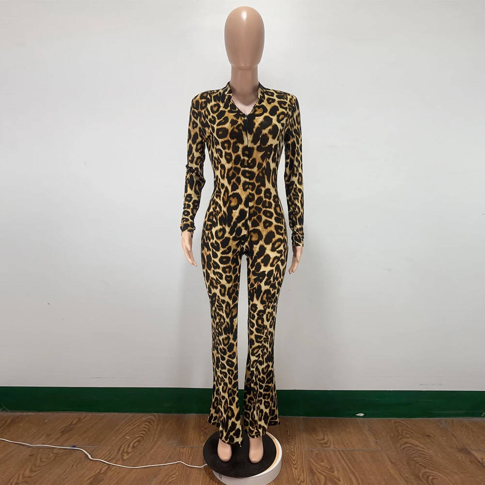 

Womens Jumpsuit Cheetah Leopard Spliced Rompers Elastic Hight Full Sleeve Bell Bottom Overall Vintage Zipper Up Party Bodysuits