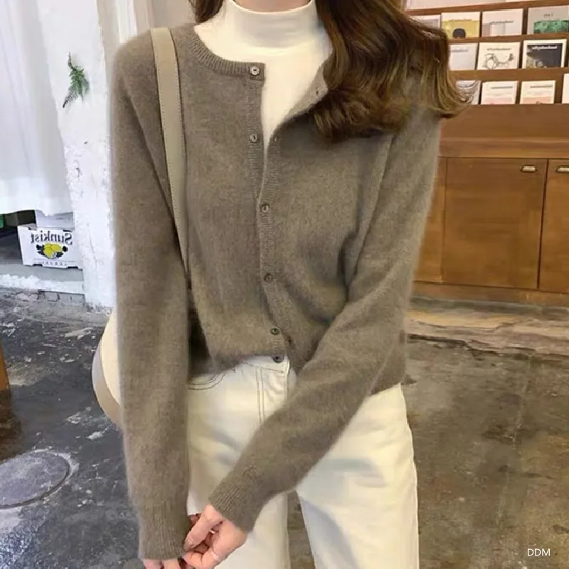 

Женский однобортный джемпер кашемировый свитер, Кардиган с длинным рукавом, элегантный винтажный джемпер, однотонная Шерстяная трикотажна...