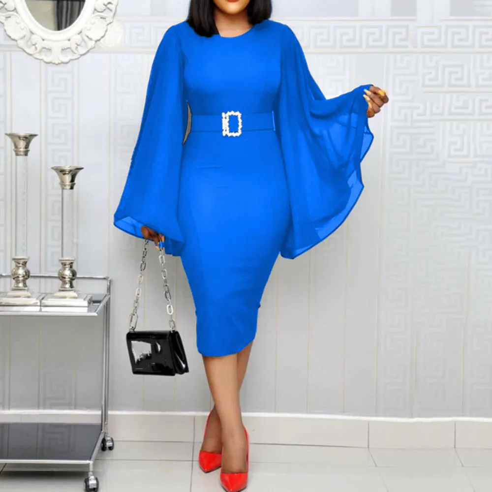 Синее облегающее тонкое расклешенное платье с длинным рукавом женское