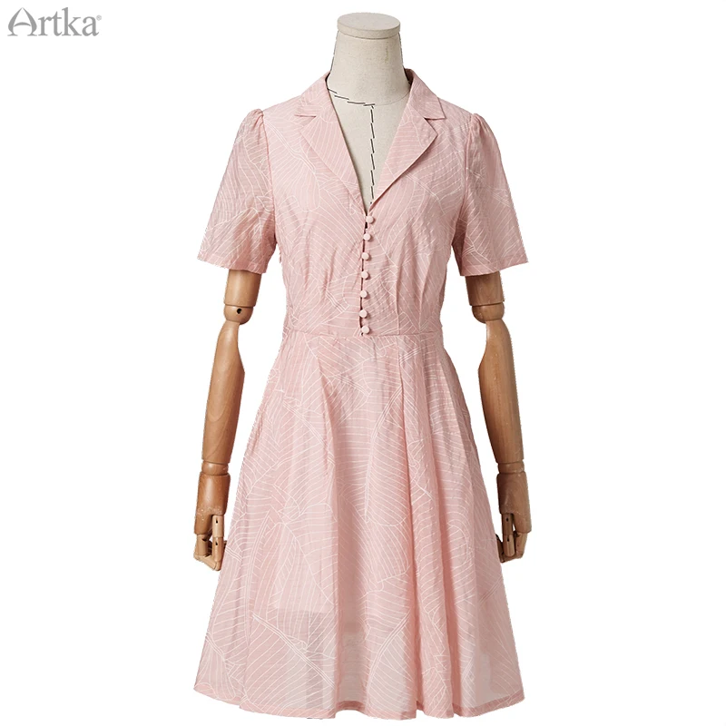 

ARTKA 2020 Spring Summer New Women Dress Elegant French Short Sleeve Chiffon Dress Turn-down Collar Stripe Long Dresses LA20508C