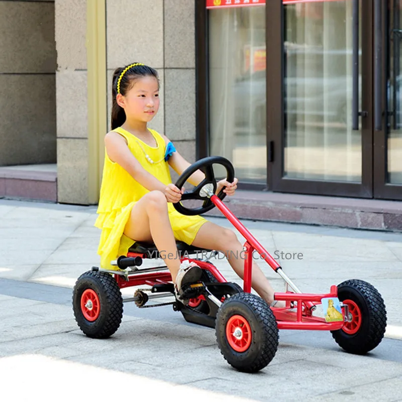 4 Rubber Wheel Pedal Powered Ride On Car, Outdoor Racer Go Kart with Adjustable Seat & Brake