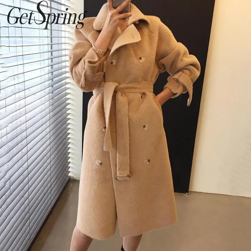 Getвесеннее Женское пальто из искусственного меха двубортное Бандажное кожаное