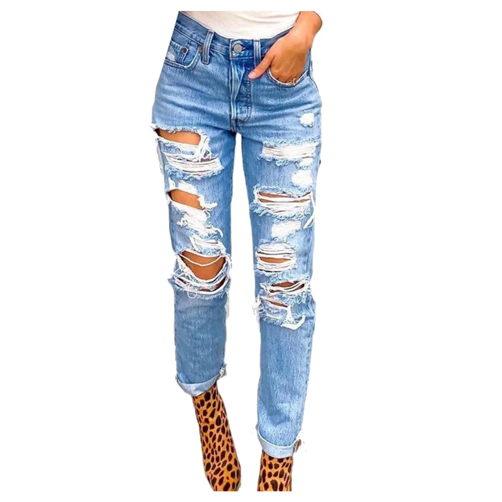 

Women Distressed Slim Jeans 2021 Ripped Hole Jeans Button High Waist Pocket Elastic Hole Pants Trousers Slim Denim Pants