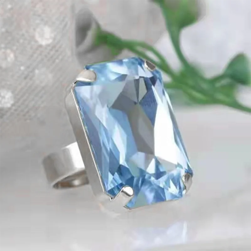 

Popular Big Blue Faceted Rectangle Crystal Open Adjustable Ring with Rhinestone Zircon for Women Party Wedding Jewelry
