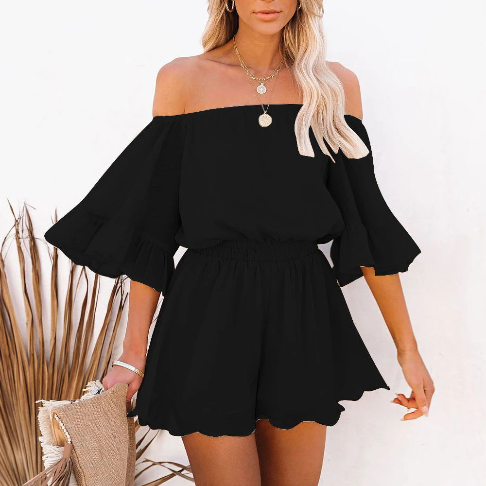 

Womenâ€™s Summer Off Shoulder Wrap Ruffles Sleeve Beach Short Jumpsuit Rompers High Waist Chiffon Playsuit Floral Printed