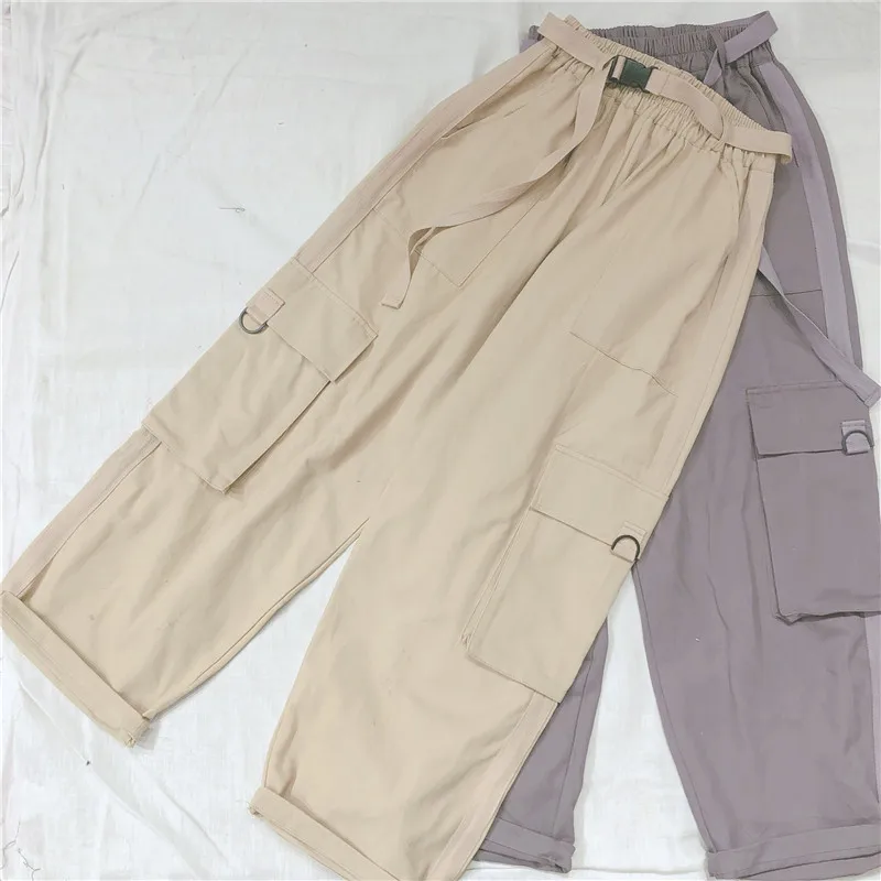

Japanese Cargo Pants Women Loose Spring new Cartoon Straight Pants Young Girl Student Wild Wide leg pants Casual Pants With Belt