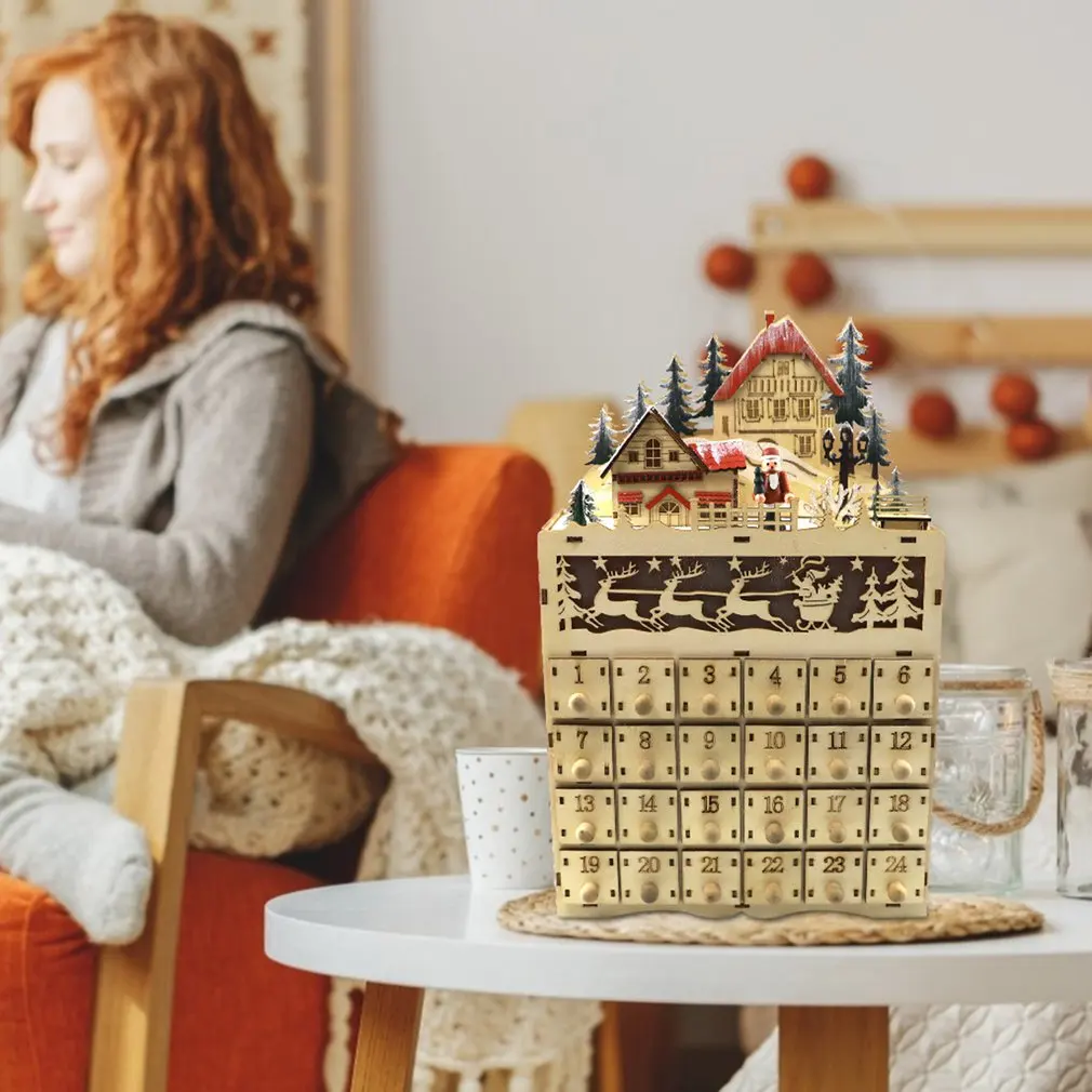 Countdown Calendar Decoration Christmas Wooden Advent 24 Drawers With LED Light | Дом и сад