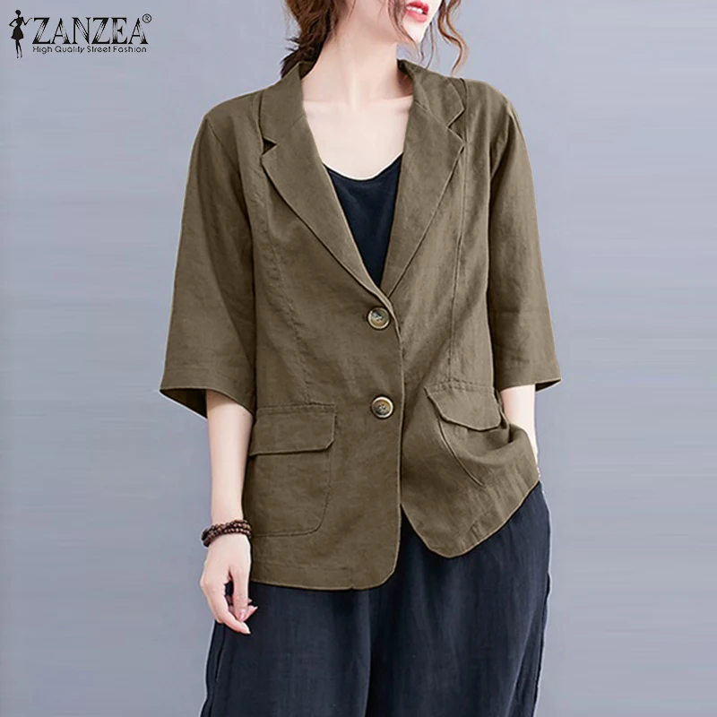 

Summer Women Cotton 3/4 Sleeve Blazer ZANZEA Casual Elegant Lapel Button Thin Coats Vintage Solid Button Down OL Tunic Jackets