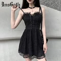 Женское винтажное кружевное мини-платье InsGoth, черное платье на тонких бретельках, Готическая уличная одежда, плиссированная полая на лето - фото