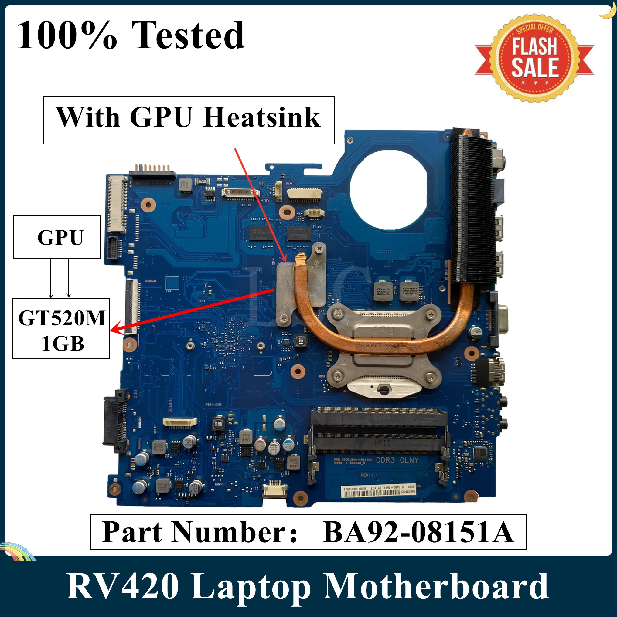 Материнская плата LSC для ноутбука Samsung RV420 с радиатором BA92 08151A 08151B BA41 01610A GT520M 1 ГБ