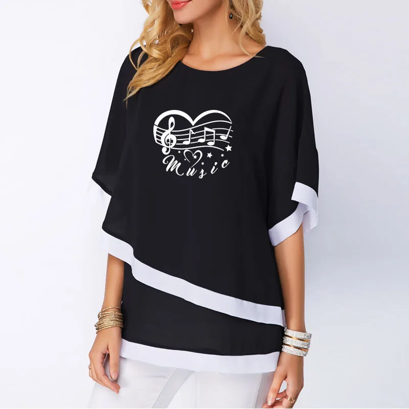 Асимметричная женская рубашка с принтом музыкальных нот сердца звезд винтажная