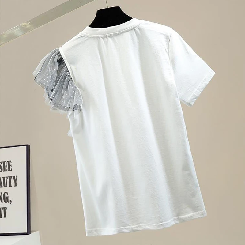 Женская футболка в горошек свободная Милая Сетчатая с круглым вырезом и бантом