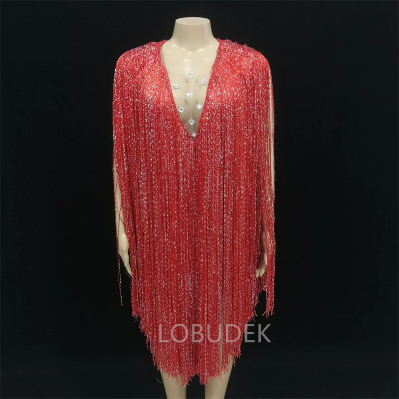 

Женское длинное платье с кисточками, красное платье с кристаллами, костюм певицы для концерта, сцены, сексуальный костюм с бахромой вечерни...