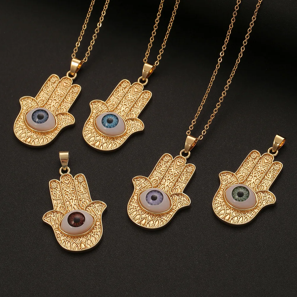 

Copper Plated 18K Gold Fatima Hand Eye Chain Necklace for Women CZ Fashion Jewelry Gift Cubic Zirconia Pendant Necklace