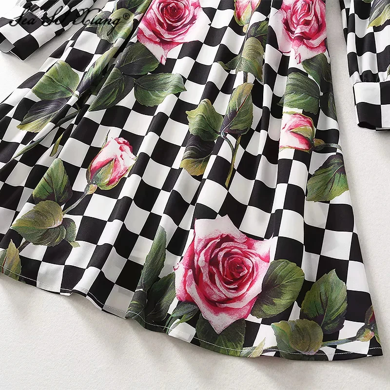 

Seasixiang Fashion Designer Spring Dress Women's V-Neck Long Sleeve Rose Flower Plaid Print Short Dresses