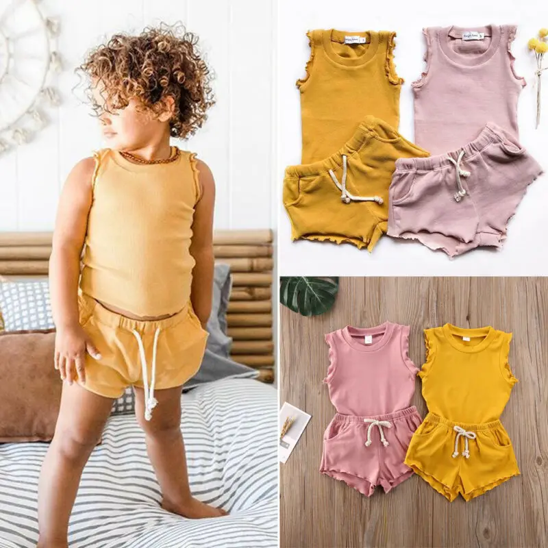 

Newborn Kids Baby Girl Outfit Set Tees T-shirt Sleeveless Pullover Top+Drawstring Short Pants Sport Clothes Suit