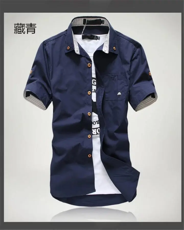 Navy blue Цена по оптовой цене, летняя мужская рубашка с коротким рукавом, приталенная, корейский стиль, вышитая рабочая одежда, деловая повседневная одежда, мужская рубашка - Цвет: Navy blue