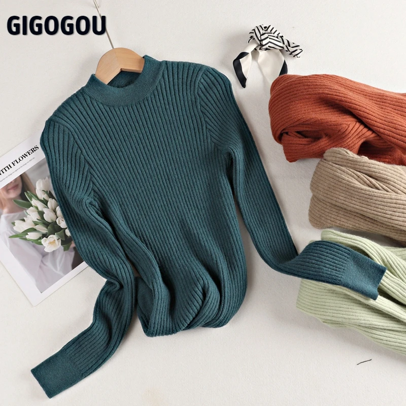 GIGOGOU Autumn Winter Basic Sweater Woman Cashmere Knitted Ribbed Women Pullover Swearters Soft Tight Jumper Sueters De Mujer | Женская
