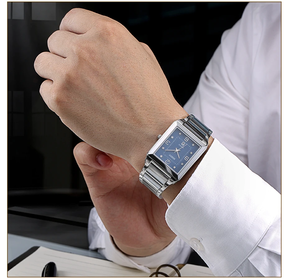 BERNY Quartz Watch for Men Tank Wristwatches Sapphire Business Watches Full Stainless Steel Tungsten steel Case Waterproof Watch