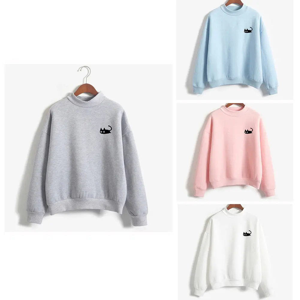 Embroidery Cat Printing Hoodies Sweatshirts harajuku Crew neck Sweats Women Clothing Feminina Loose Fleece Jumper Sweats Warm