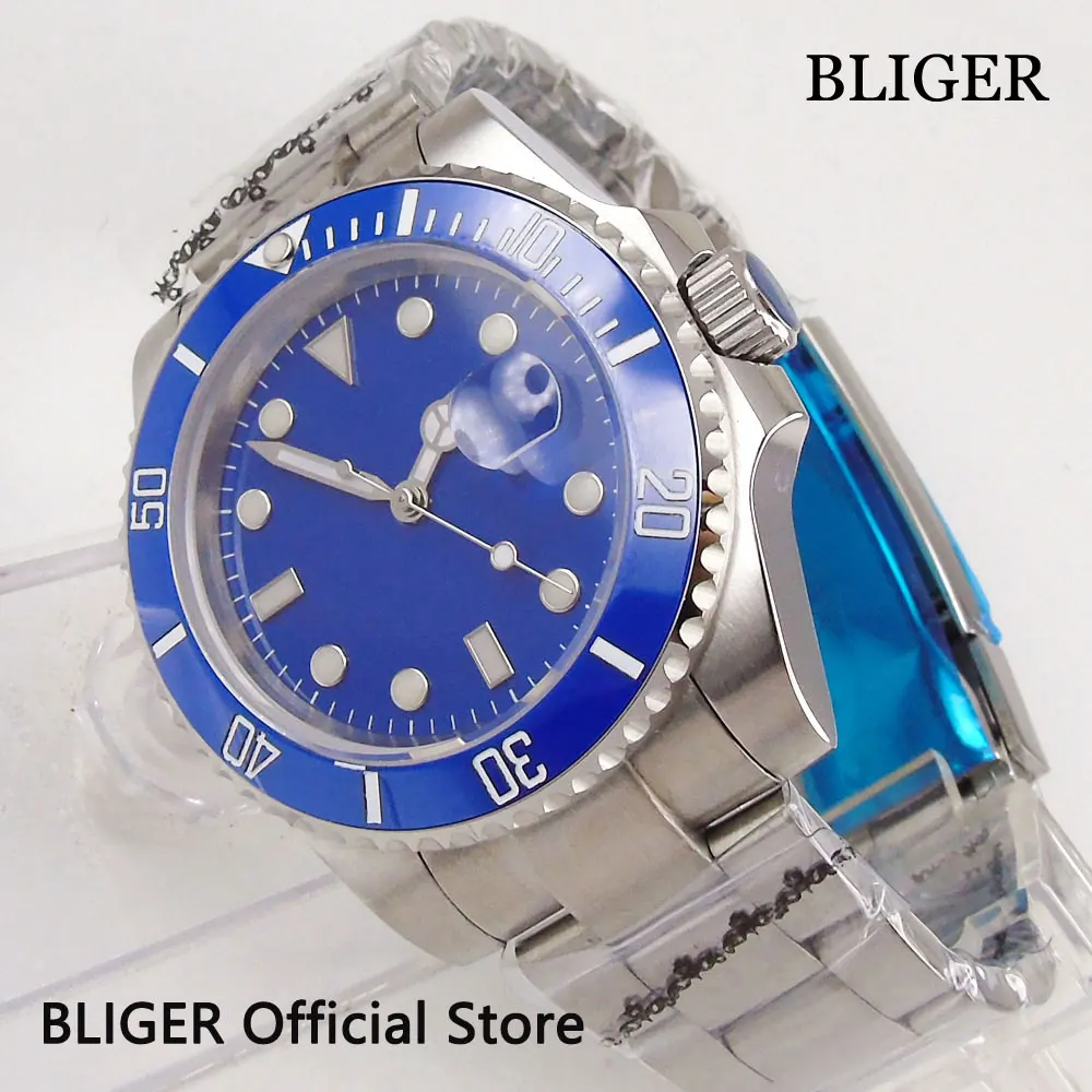 

BLIGER 40mm Blue Sterile Dial Ceramic Rotating Bezel Luminous Marks Sapphire Crystal Miyota Automatic Movement Men's Watch B1
