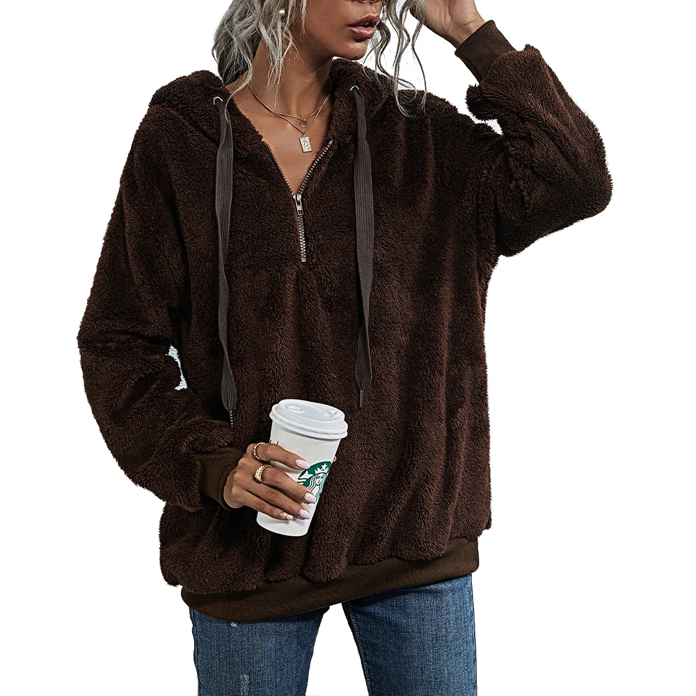 

Sexy V-Neck Zipper Hoodie Plush Vintage Thicken Hooded Women Ladies Winter Warm Long Sleeve Casual Loose Hoodies Top