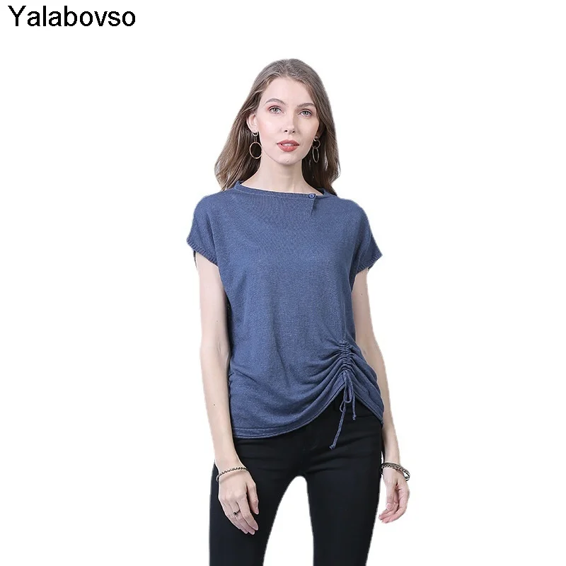 

Summer thin linen knitted T-shirt women's short sleeve 2021 new O neck Tshirt ladies loose large top Drawstring fashion tees