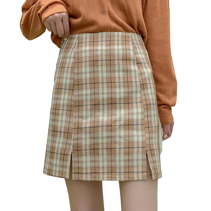 

Plaid Skirt Women 's Short Skirt 2020 New Skirt Korean Style College Style Lining High Waist Slit A- line Sheath Skirt