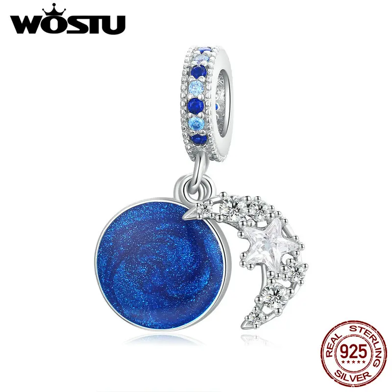 

WOSTU Star & Moon Подвеска из стерлингового серебра 925 пробы с эмалью и синим цирконием, кулон из бисера, подходит для оригинального браслета, ожере...