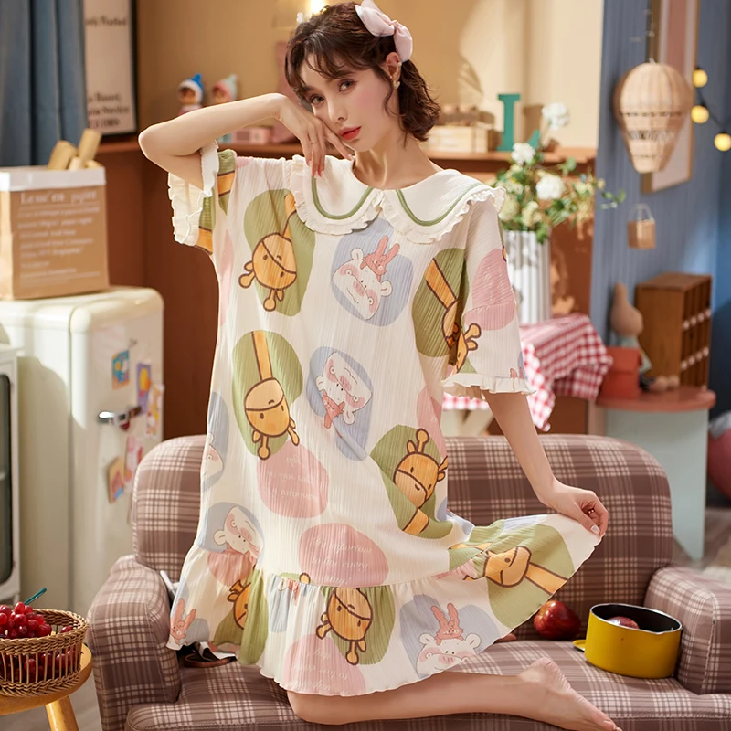 

ATUENDO Summer Kawaii Soft Silk Nightgowns for Women 100% Cotton Atoff Home Satin Long Nightdress Fashion Cute Mujer Nightshirts