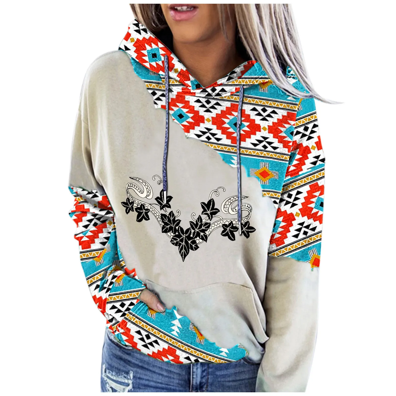 

Ladies Top Pocket Vintage Drawstring Long-Sleeved Hoodie Ethnic Print Pullover Casual
