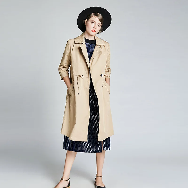 Темно синее Женское зимнее пальто цвета хаки английский двубортный тонкий Тренч