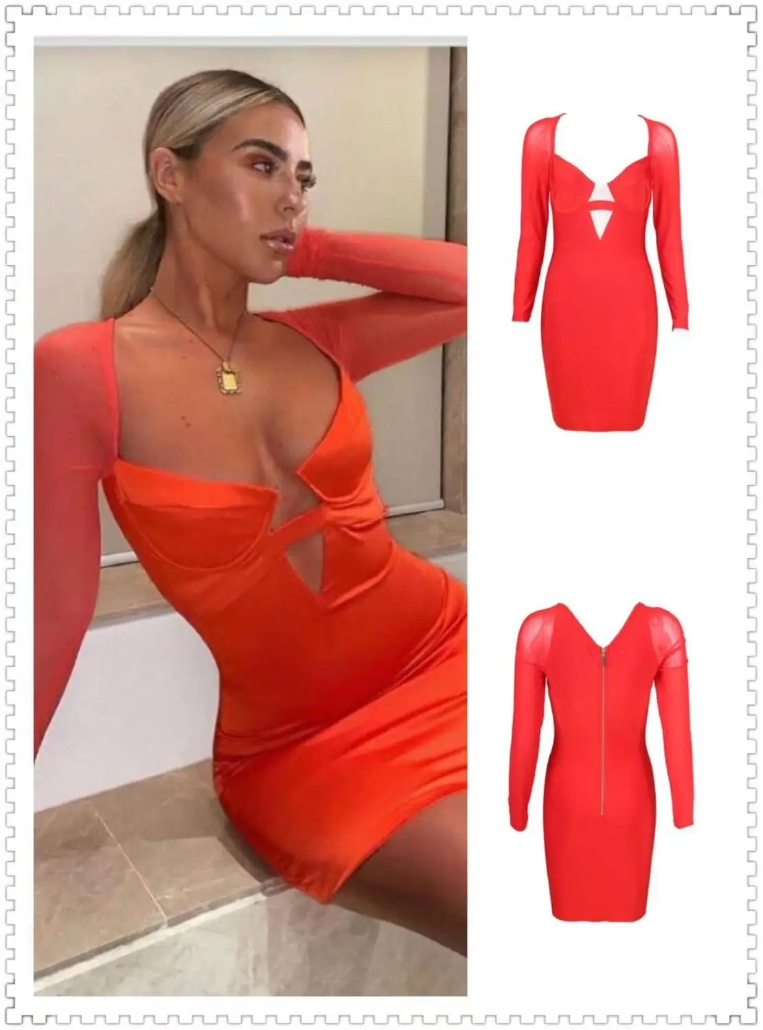 

High Quality Orange Long Mesh Sleeve V-neck Rayon Bandage Dress Evening Party Dress