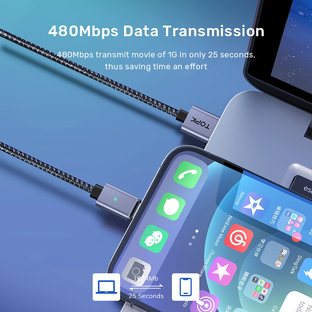 Магнитный кабель TOPK usb-c Micro USB для быстрой зарядки и передачи данных мобильный