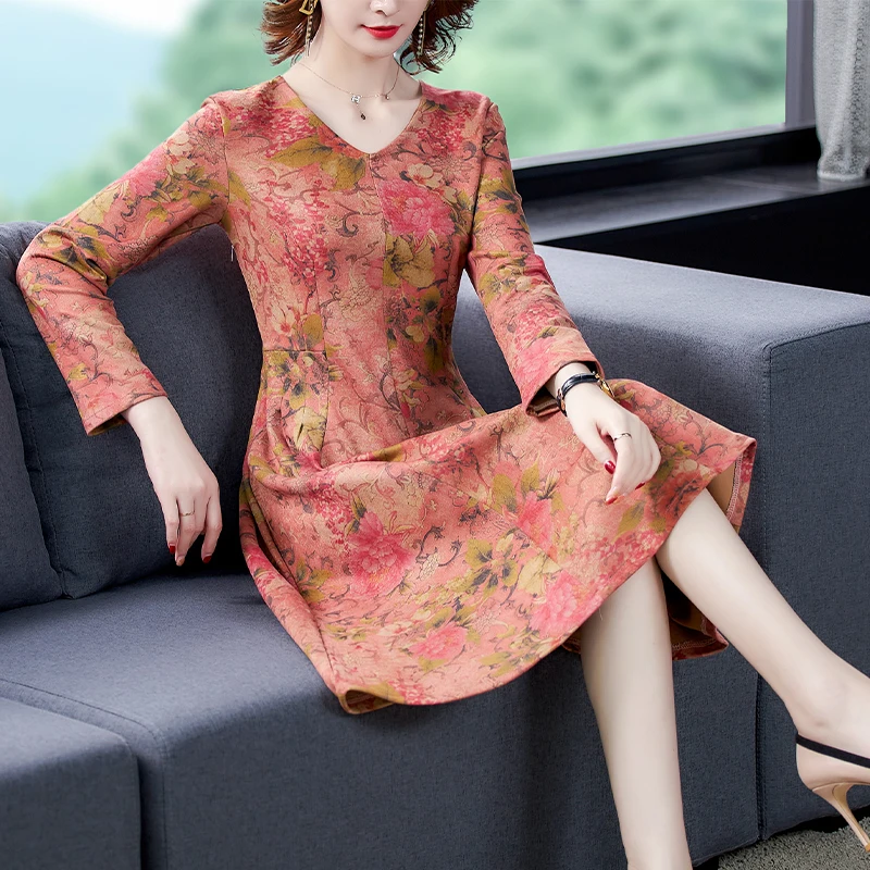 

2021 Spring Autumn 5XL Plus Size Pink Floral Midi Dress Casual Vintage Print Knitting Dresses Elegant Women Bodycon Party Classy