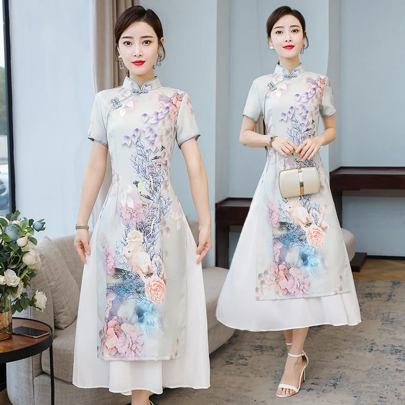 Женское платье в китайском стиле длинное летнее с коротким рукавом улучшенное