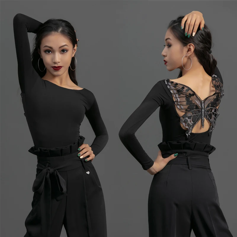 

Modern Dancing Top Women Back Butterfly Stitching Hollow Top Sexy Black Latin Tops Female Ballroom Dance Practice Clothes SL6038