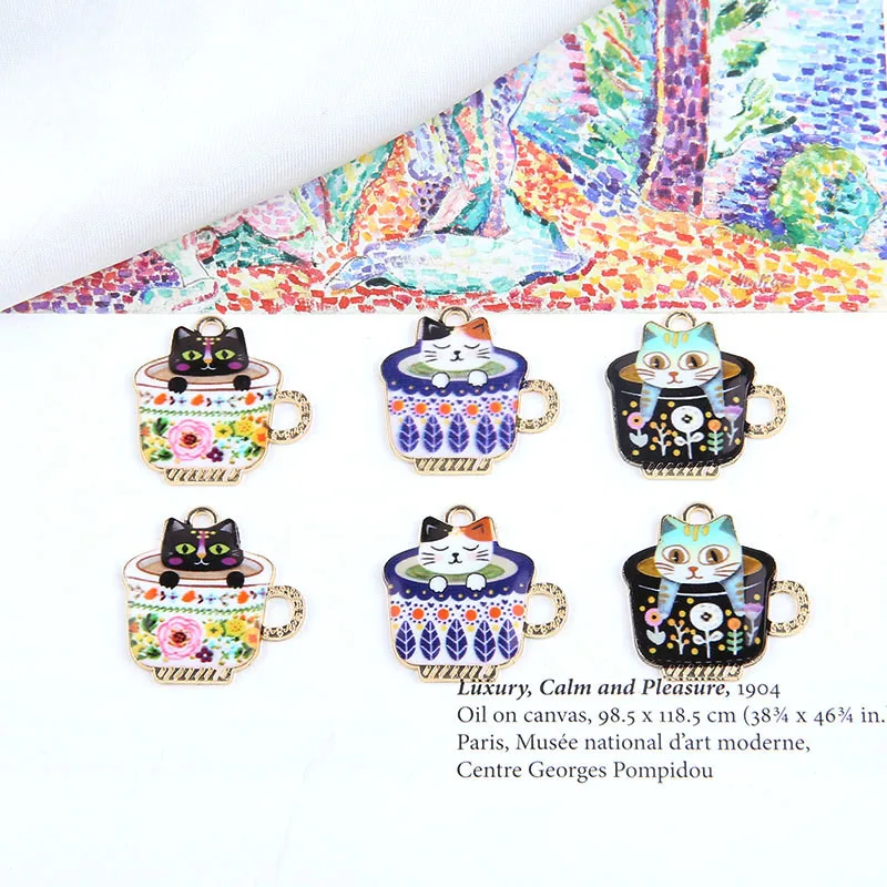 

40pcs/lot cute cats pattern print cartoon Teacup cat shape alloy floating locket charms diy jewelry earring/keychain accessory