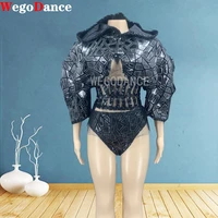 silver ab sequins dancer stage show outfit women rock band performance wear prom party reflective sexy hat bodysuit costume set